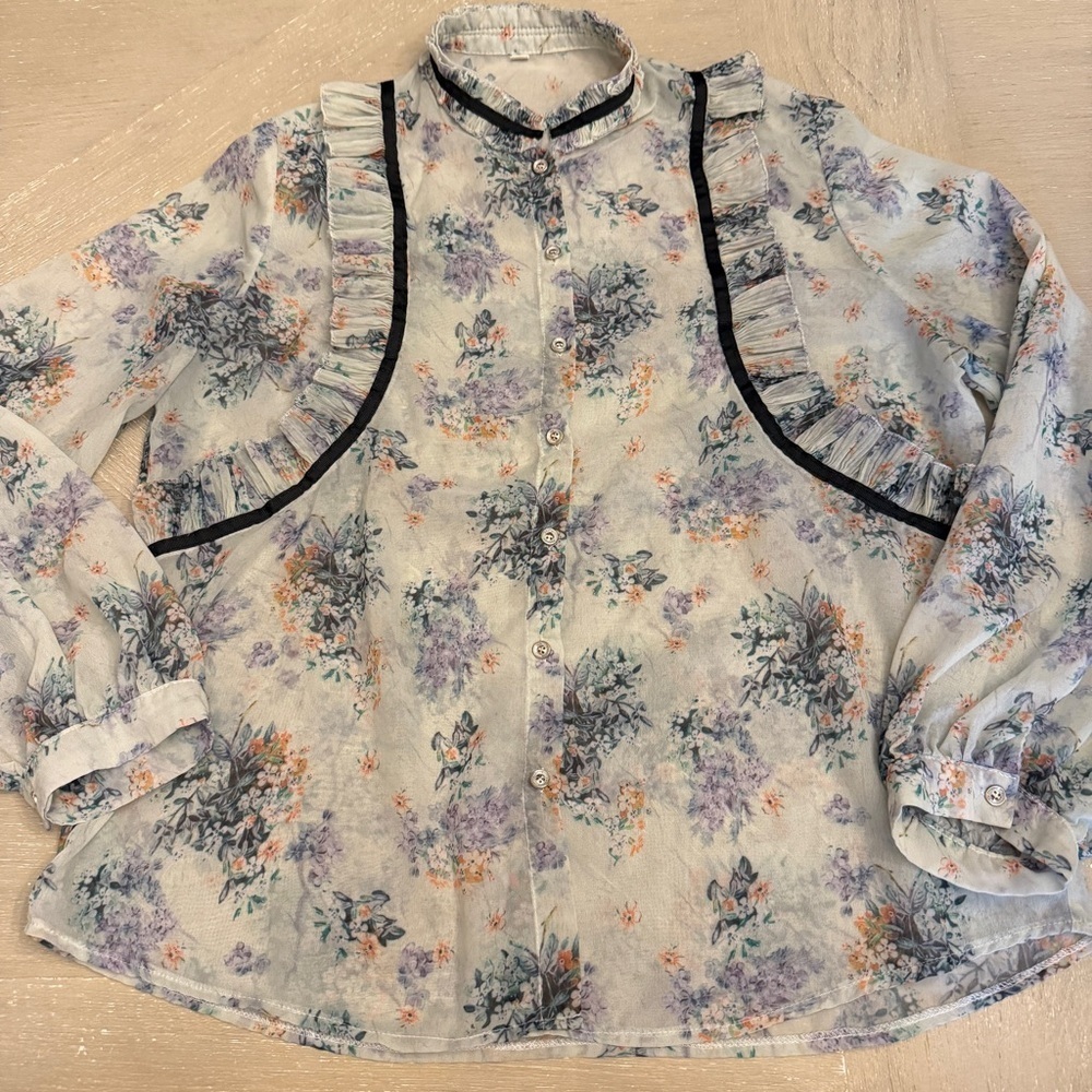 Mint floral Puff Sleeve Ruffled Blouse with Black accents pastel goth mock neck